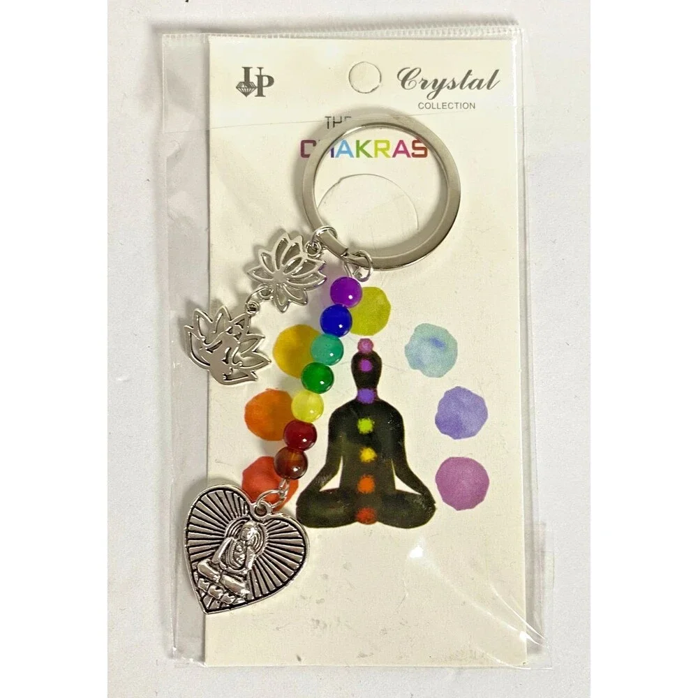 The Seven Chakras Buddha Charm Keychain Multicolor Beads Silver Tone Metal New